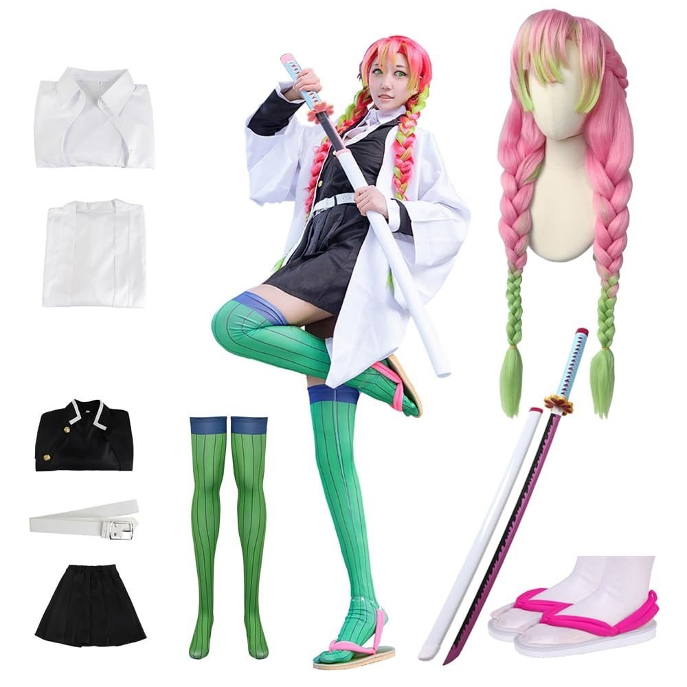 NWT Demon Slayer Mitsuri Kanroji Cosplay Costume Full Set Wig Shoes Sword XXL